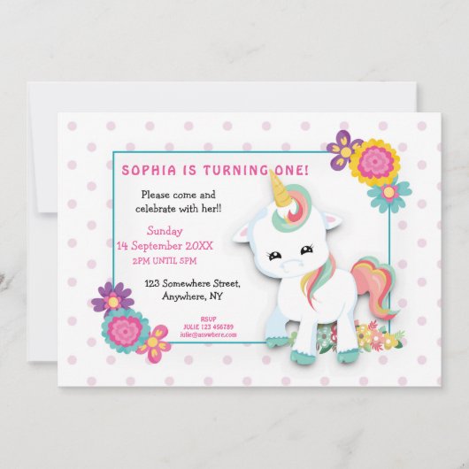 かわいい白ユニコーンドットガールズファースト誕生日 招待状 (正面)