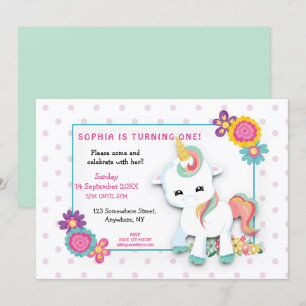 かわいい白ユニコーンドットガールズファースト誕生日 招待状