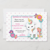 かわいい白ユニコーンピンク水玉模様第1誕生日 招待状 (正面)