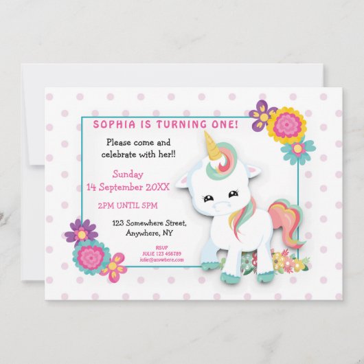 かわいい白ユニコーンピンク水玉模様第1誕生日 招待状 (正面)