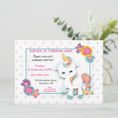 かわいい白ユニコーンピンク水玉模様第1誕生日 招待状 (スタンド正面)