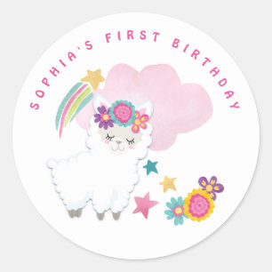 かわいい白ラマ名最初の誕生日パーティホワイト ラウンドシール