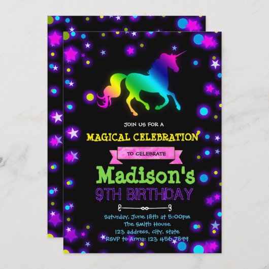 かわいい白熱ユニコーンのパーティーの誕生日の招待 招待状 (正面/裏面)