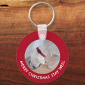 かわいい白犬の写真健康メリークリスマスレッド キーホルダー (正面)