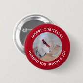 かわいい白犬の写真健康メリークリスマスレッド 缶バッジ (正面&裏面)