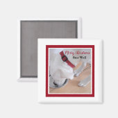 かわいい白犬の飲み水レッドクリスマスススススクエア マグネット (正面/裏面)