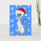かわいい白猫とサンタハット、雪の結晶クリスマス シーズンカード (正面)