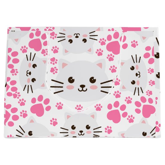 かわいい白猫とピンクの前足 ラージペーパーバッグ (正面)
