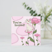 かわいい白猫とピンクの花の誕生日 招待状 (スタンド正面)