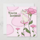 かわいい白猫とピンクの花の誕生日 招待状 (正面)