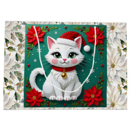 かわいい白猫とポインセチアのクリスマス ラージペーパーバッグ