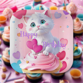 かわいい白猫のカップケーキの女の子らしい誕生日パーティー ペーパープレート
