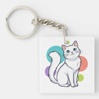 かわいい白猫の座っているグラフィックTシャツ キーホルダー