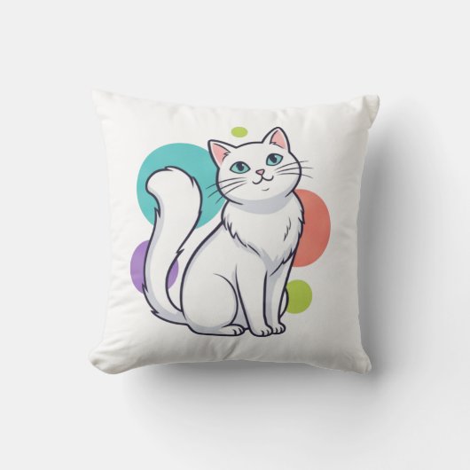 かわいい白猫の座るグラフィックTシャツ クッション (正面)