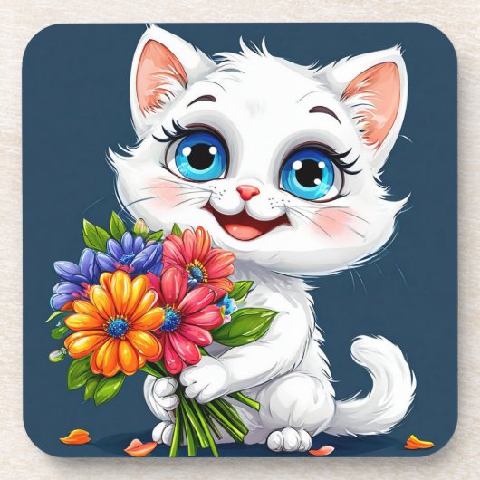 🐱 かわいい白猫の花柄ホームドリンクコースター 🌸 コースター (正面)