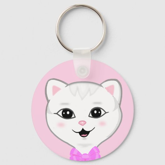 かわいい白猫の顔がライトピンクに キーホルダー (正面)