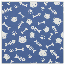 かわいい白猫の骨の魚の前足のパターン ファブリック
