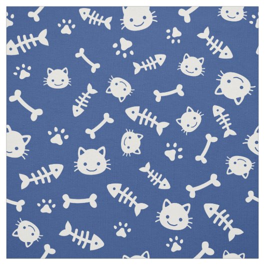 かわいい白猫の骨の魚の前足のパターン ファブリック (見本)