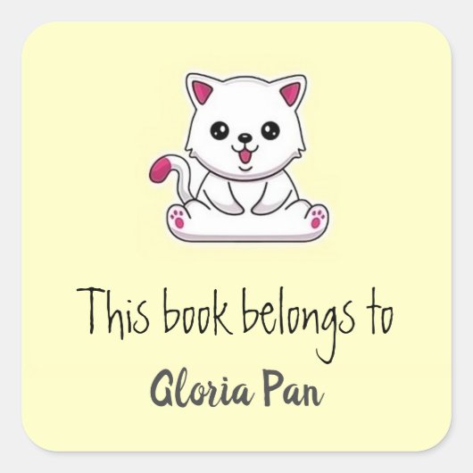 かわいい白猫イエロー スクエアシール (正面)