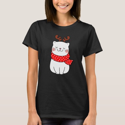 かわいい白猫クリスマストナカイの角 猫 Tシャツ (正面)