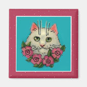 かわいい白猫ピンクのバラの磁石 マグネット (正面)