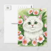かわいい白猫フラワーリース水彩絵葉書 ポストカード (正面/裏面)