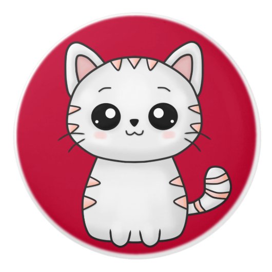 かわいい白猫レッド セラミックノブ (正面)