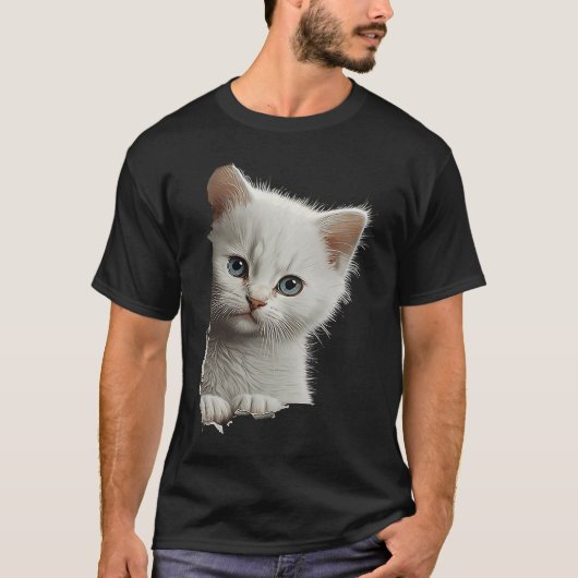 かわいい白猫破れた布 1 Tシャツ (正面)