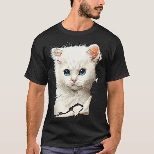かわいい白猫破れた生地 Tシャツ (正面)