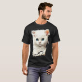 かわいい白猫破れた生地 Tシャツ (正面フル)