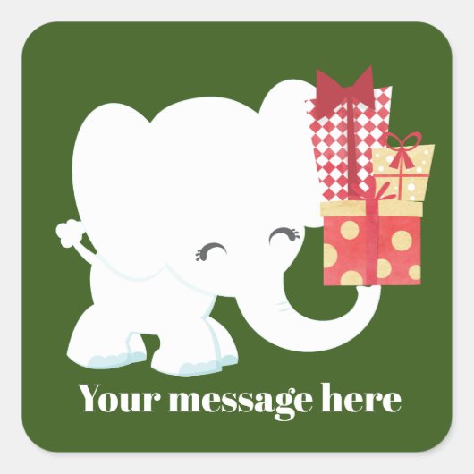 かわいい白象メッセージを追加クリスマスステッカー スクエアシール (正面)