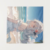 かわいい白髪のアニメの女の子のビーチ タペストリー (正面(横))