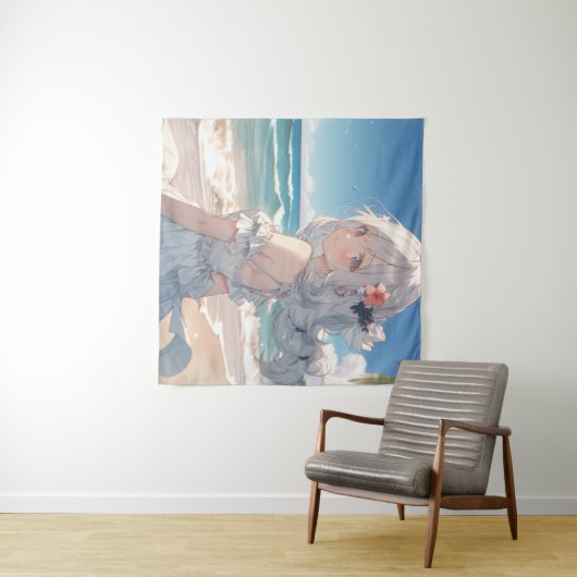 かわいい白髪のアニメの女の子のビーチ タペストリー (インサイチュ(横))