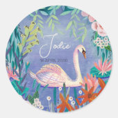 かわいい白鳥の誕生のお知らせ ラウンドシール (正面)