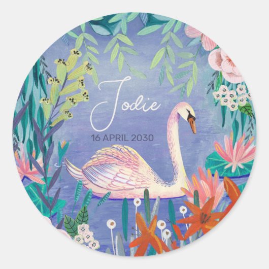 かわいい白鳥の誕生のお知らせ ラウンドシール (正面)