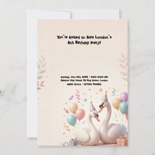 かわいい白鳥の誕生日パーティー 招待状 (正面)