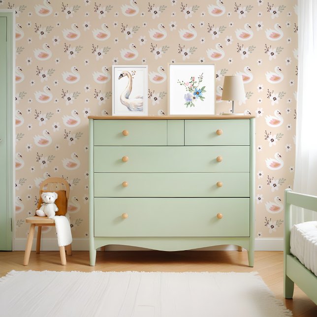 かわいい白鳥フローラ花保育園パターン 壁紙 (Cute White Swans Floral Blossom Nursary Pattern Wallpaper)