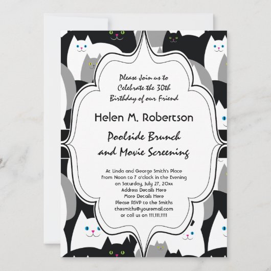かわいい白黒とグレー猫の誕生会 招待状 (裏面)