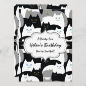 かわいい白黒とグレー猫の誕生会 招待状 (正面/裏面)
