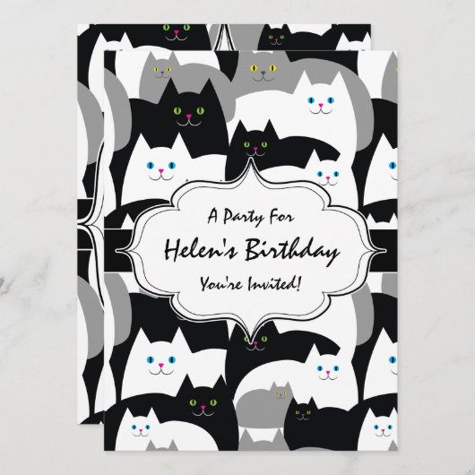 かわいい白黒とグレー猫の誕生会 招待状 (正面/裏面)