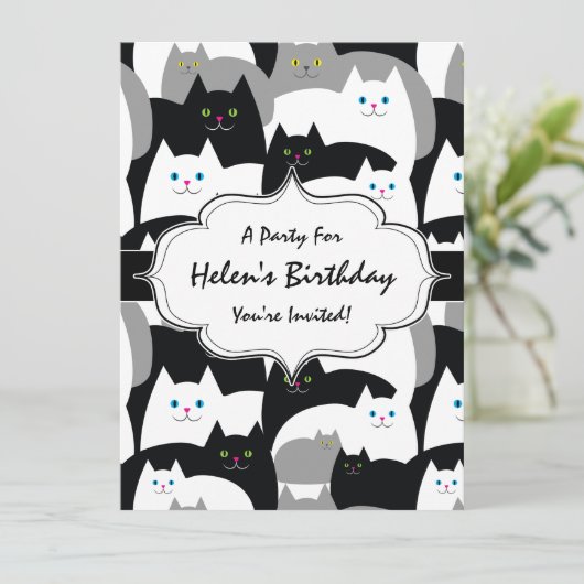 かわいい白黒とグレー猫の誕生会 招待状 (スタンド正面)
