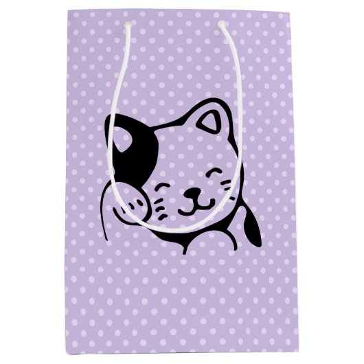 かわいい白黒のキティ猫ハロー ミディアムペーパーバッグ (正面)