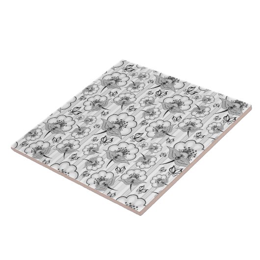 かわいい白黒の継ぎ目が無い花模様 タイル (側面)