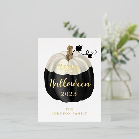 かわいい白黒カボチャハッピーハローウィン金ゴールド 箔シーズンポストカード (立ち正面)
