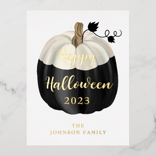 かわいい白黒カボチャハッピーハローウィン金ゴールド 箔シーズンポストカード (正面)