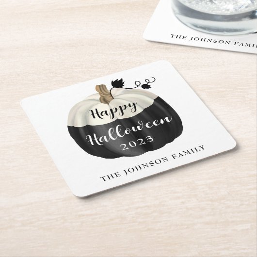 かわいい白黒カボチャハッピーハローウィン2022 スクエアペーパーコースター (アングル)