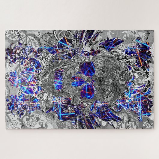 かわいい白黒カラフルネオンスカルライセンスプレート ジグソーパズル (横)