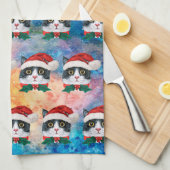 かわいい白黒クリスマス猫顔柄 キッチンタオル (四つ折り)