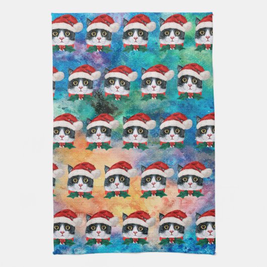 かわいい白黒クリスマス猫顔柄 キッチンタオル (縦)
