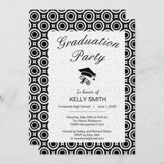 かわいい白黒ジグザグサークル卒業パーティー 招待状 (正面/裏面)